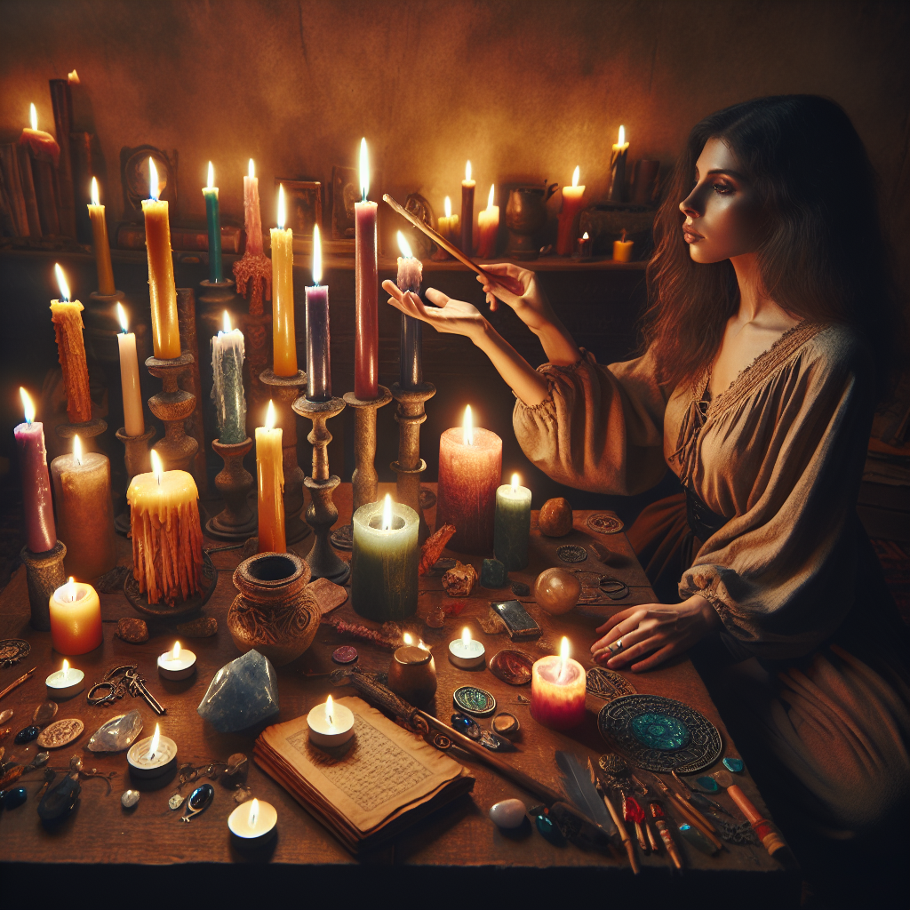 Candle magic, spiritual rituals, magical fire, witchcraft practices, sacred flames