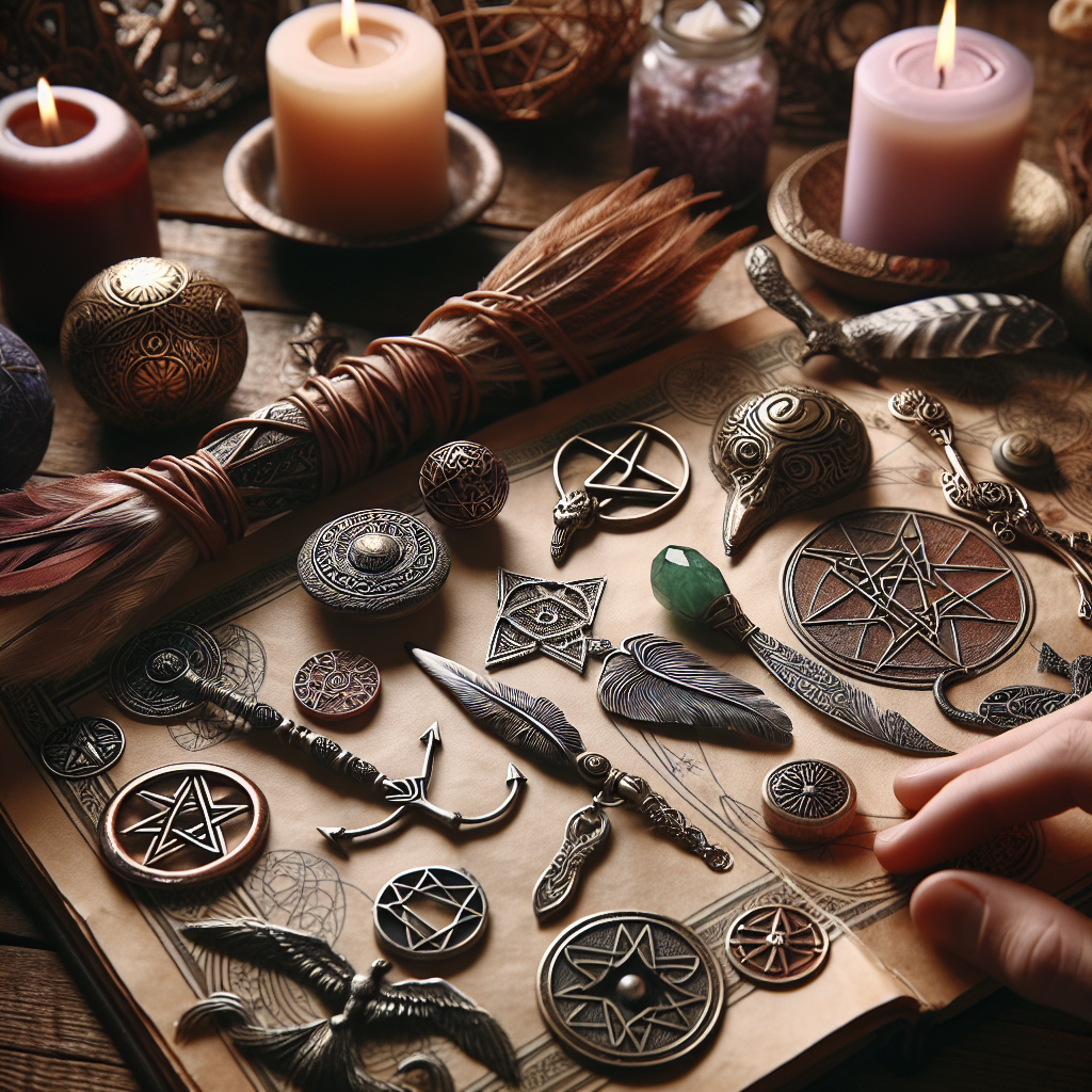 Pagan symbols in spells, magical tools, spiritual meanings, witchcraft rituals, sacred imagery