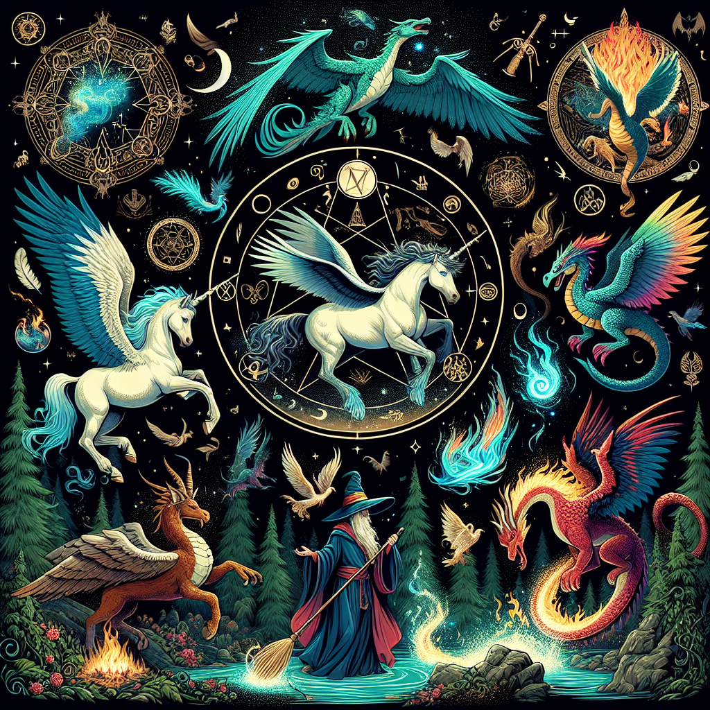 Magical creatures, witchcraft symbols, spiritual animals, mythological beings, creature roles