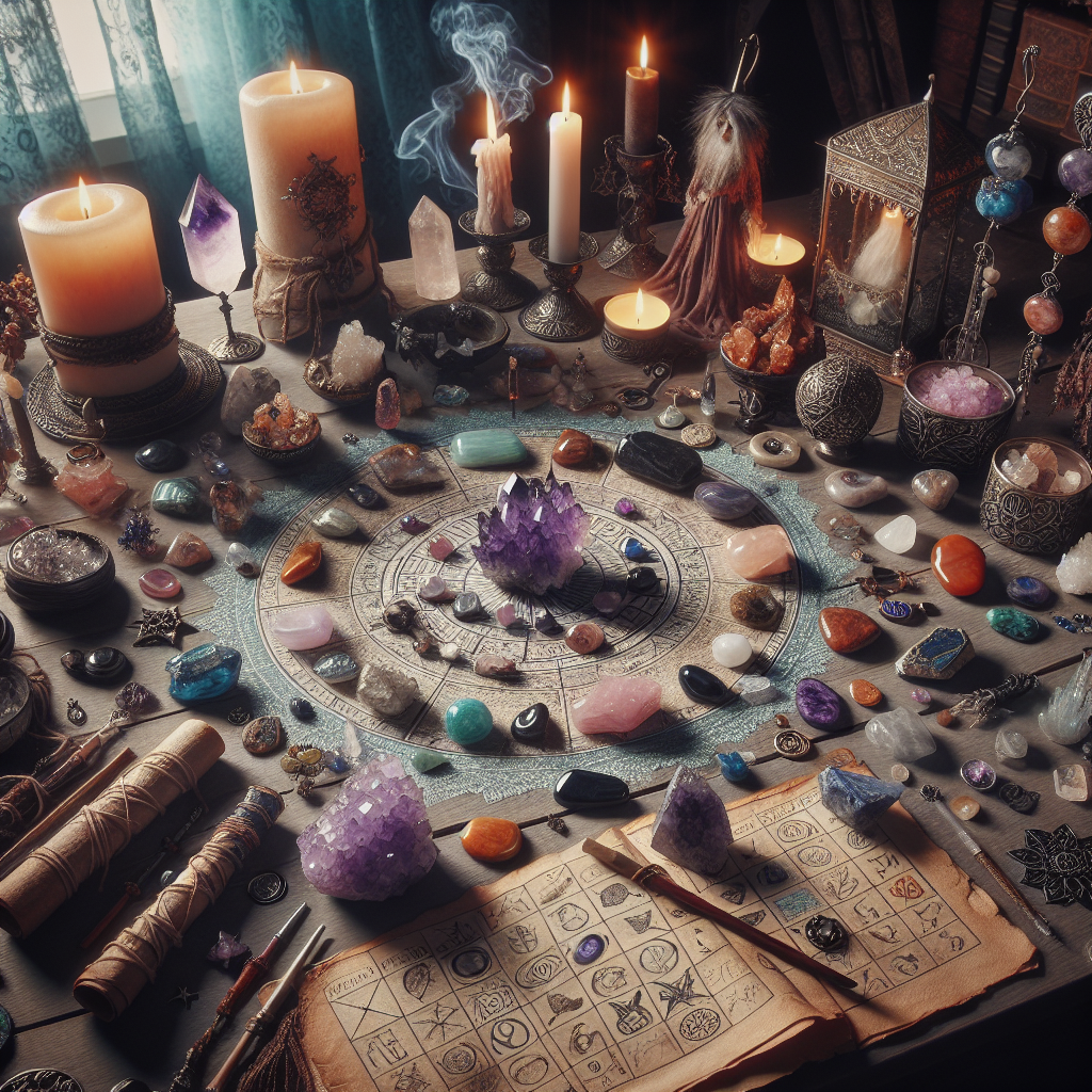 Witch crystals, healing stones, magical rituals, spiritual tools, crystal magick