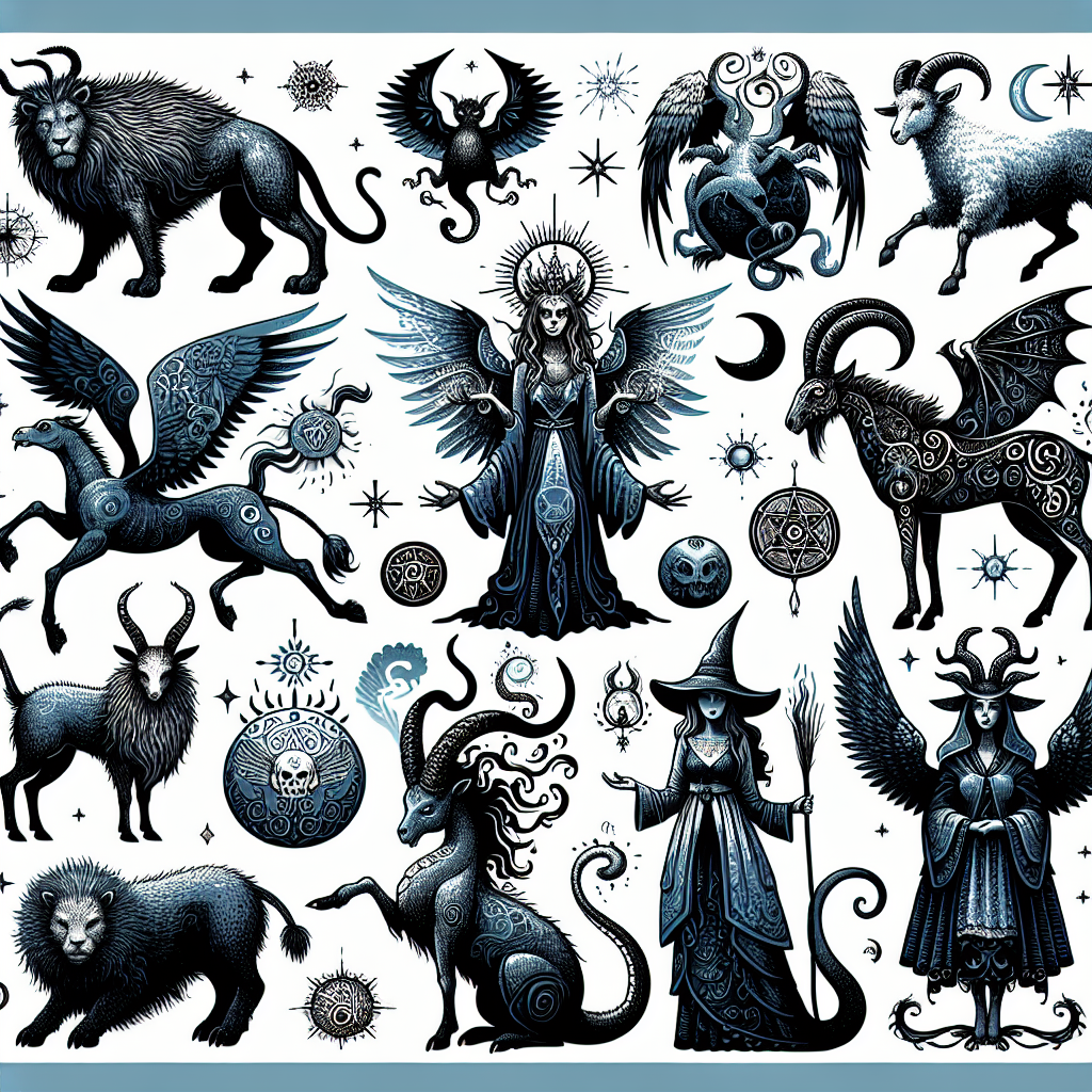 Magical creatures, witchcraft symbols, spiritual animals, mythological beings, creature roles