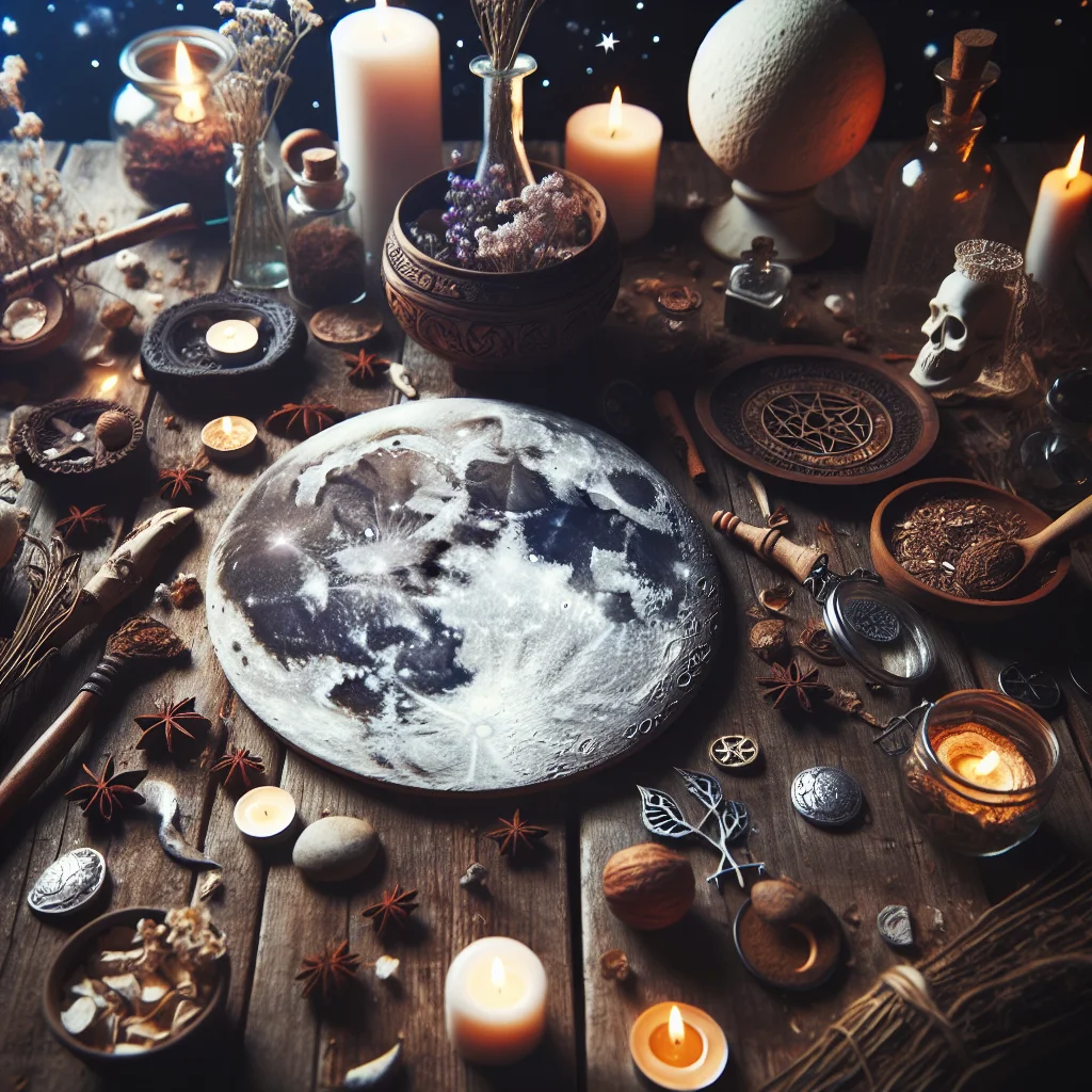 Moon rituals, pagan practices, witchcraft spells, lunar cycles, spiritual magic