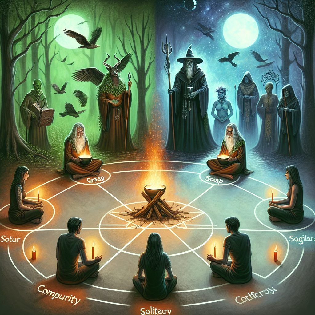 Group vs. solitary, pagan practices, witchcraft paths, spiritual rituals, community magick