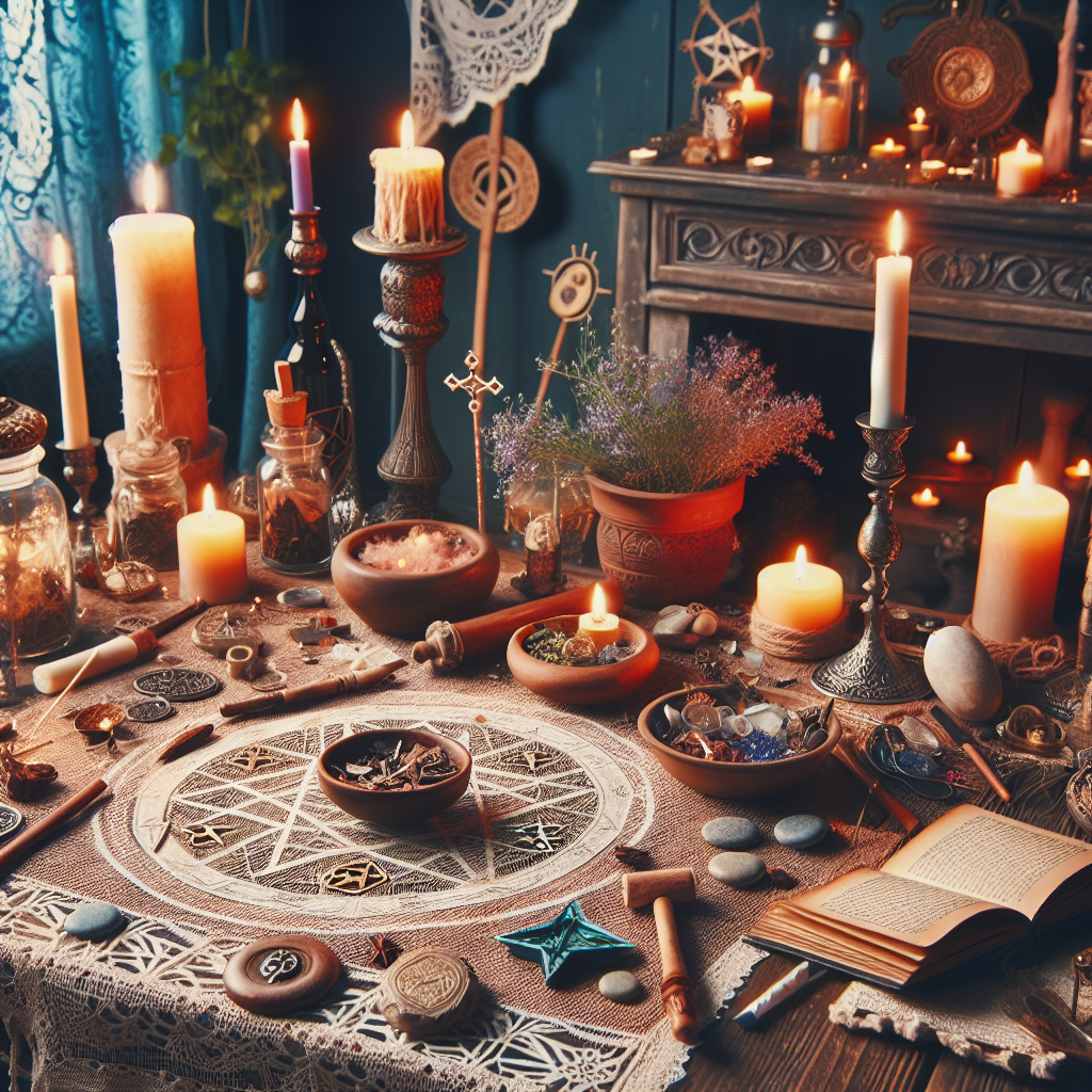 Sacred space, witchcraft rituals, spiritual setup, magical space, spellcasting area