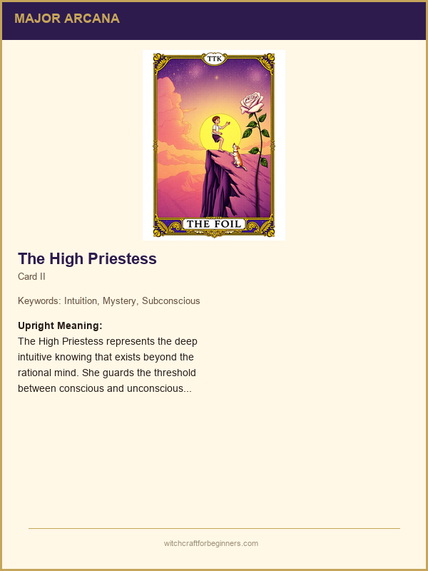 Sample tarot card guide from the course PDF